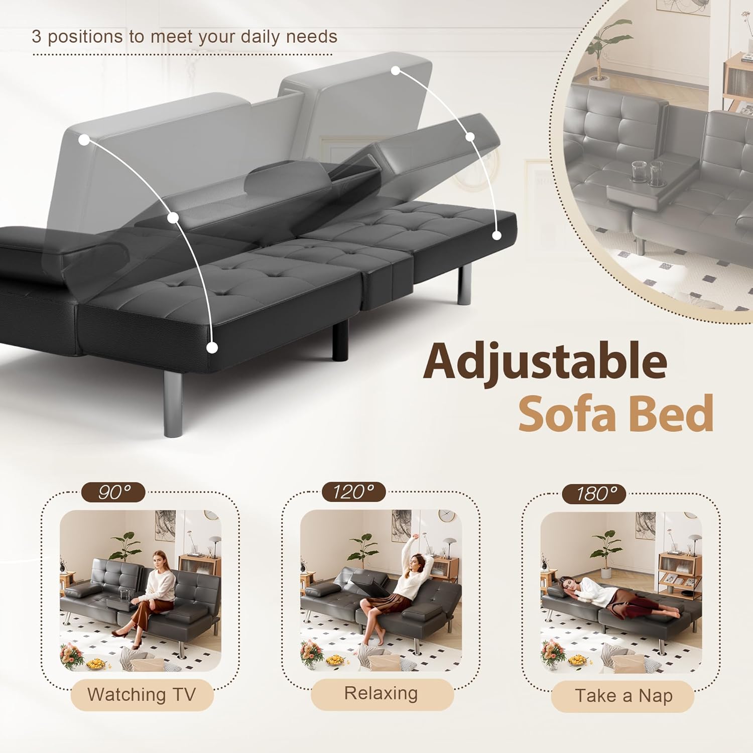 Shahoo Convertible Folding Futon Sofa Bed Sleeper Couch for Living Room Faux Leather wourant