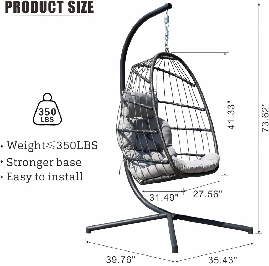 HWB Hanging Egg Chair Patio Wicker Hammock Egg Swing Chair with Cushion for Bedroom wourant