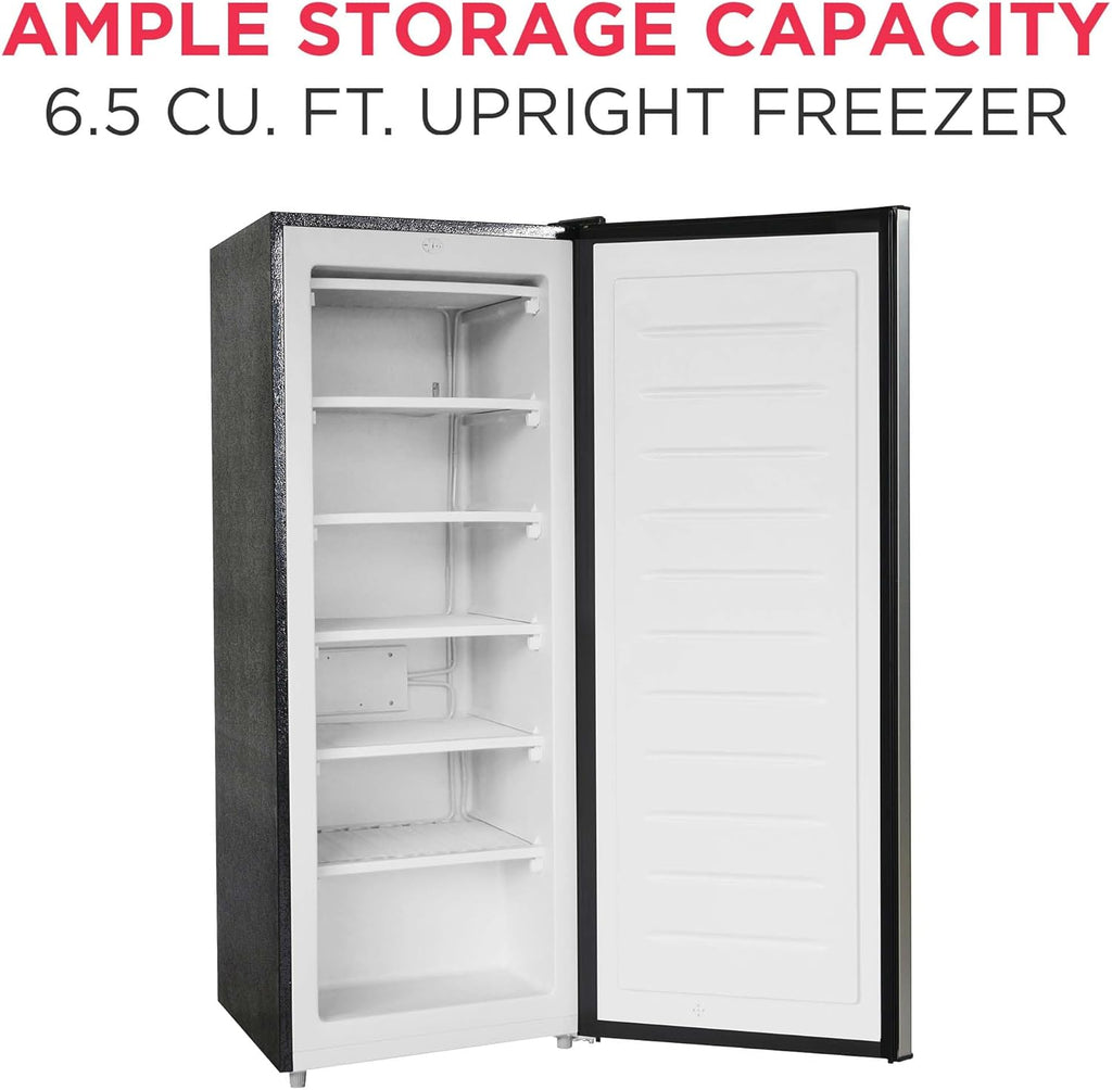 Frigidaire Upright Freezer, 6.5 cu. ft., Deep Freeze, Vinyl Coated Metal with Wire Shelving, Compact for Kitchen, RV, Dorm, Cabin, and Trailer, Platinum Design Series, Silver - 21D x 23W x 56H wourant