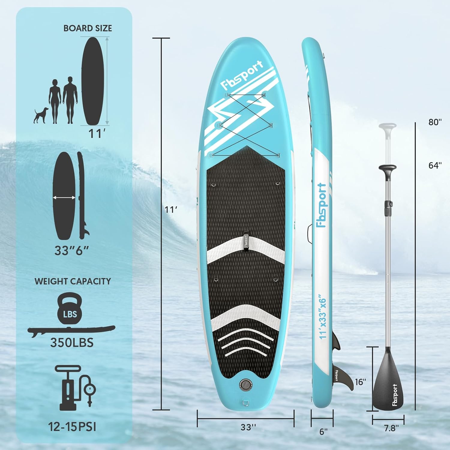 FBSPORT 11' Premium Stand Up Paddle Board, Yoga Board with Durable SUP Accessories & Carry Bag | Wide Stance, Surf Control, Non-Slip Deck, Leash, Paddle and Pump for Youth & Adult wourant