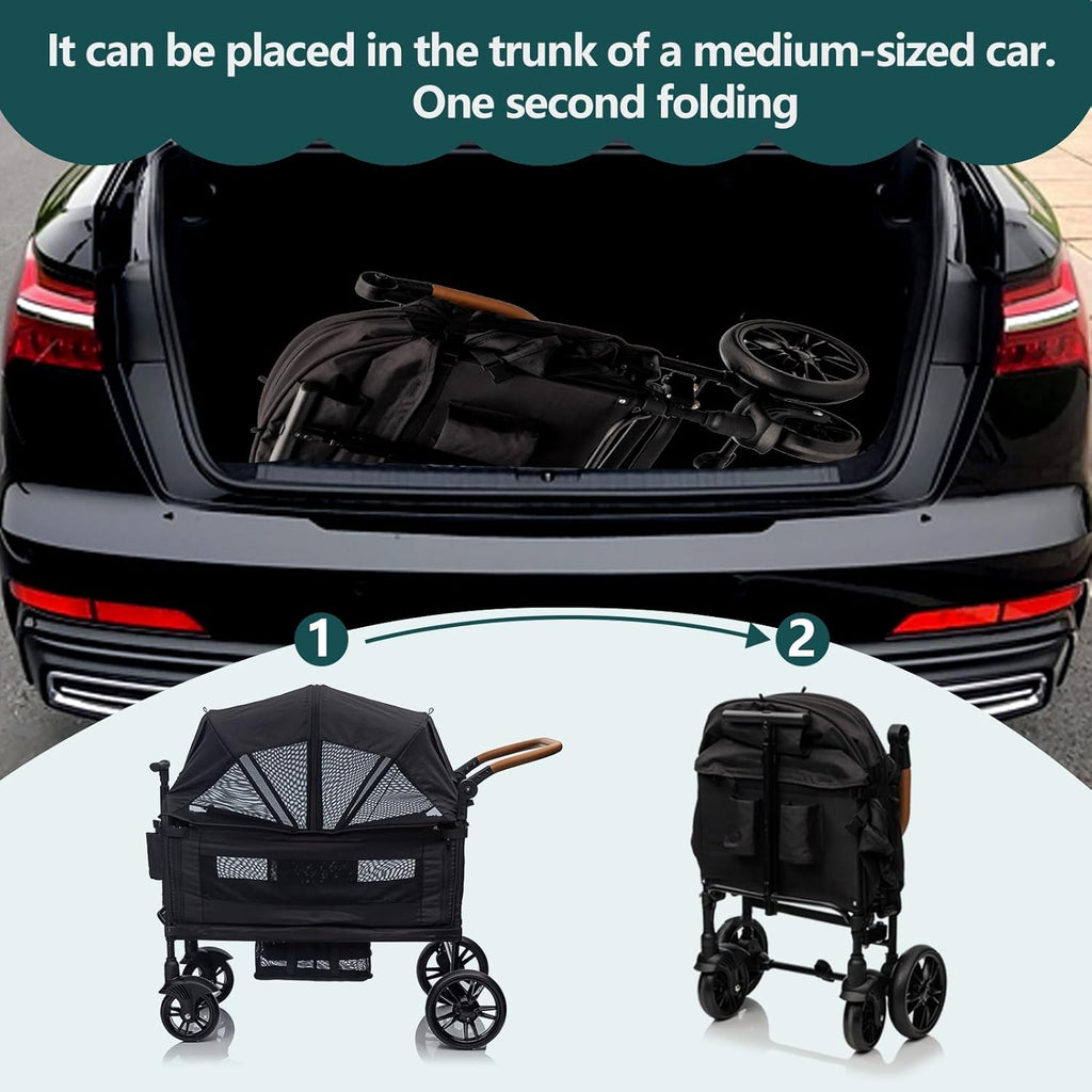Wagon Stroller for 2 Kids & Cargo-Travel Stroller Push-Pull Double Wagon Lightweight Folding Stroller for Newborn&Toddler with 5-Point Harness,Adjustable Handle Bar and Canopy,Tray Table,Cup Holder wourant
