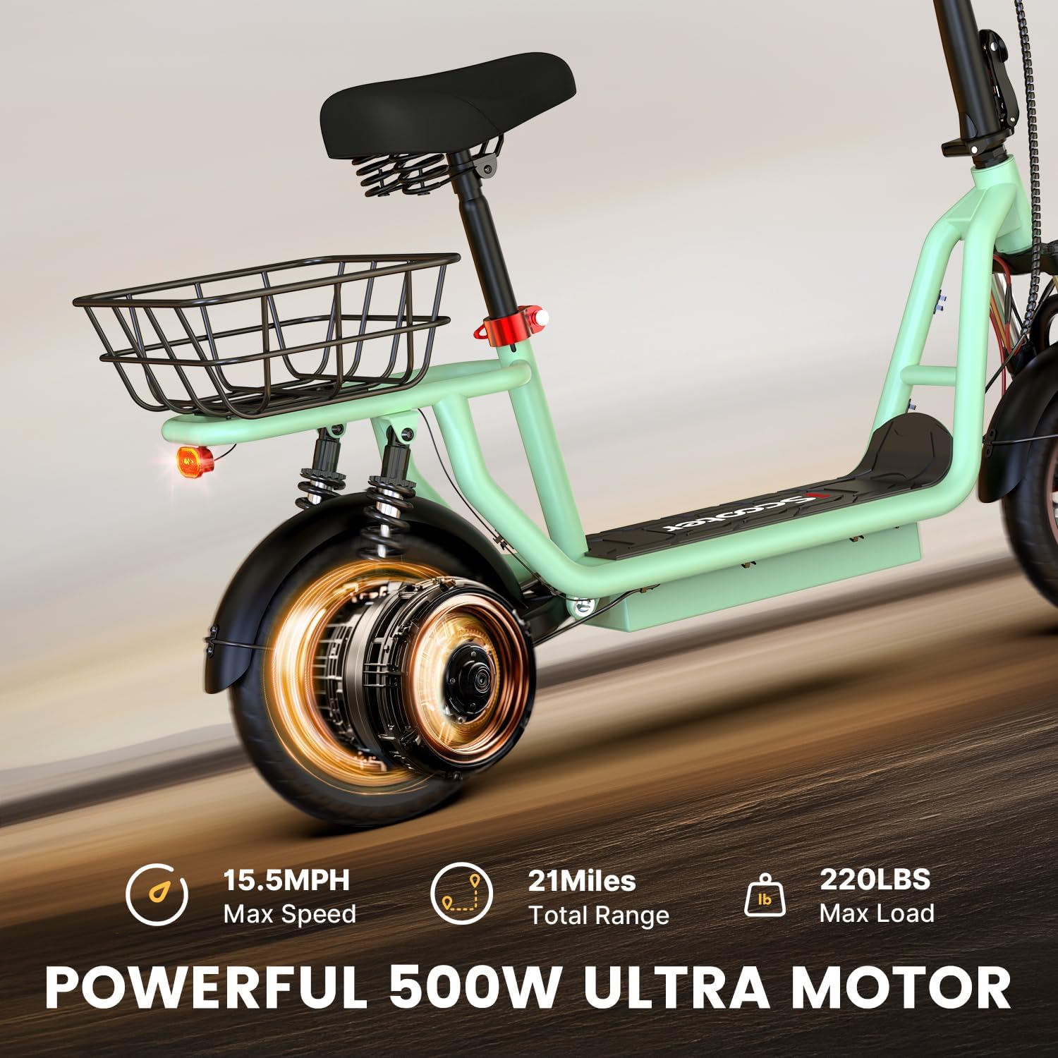 iScooter electric scooter with seat, 37/21 mile range, 28/19/15.6 mph top speed, dual suspension scooter with basket wourant