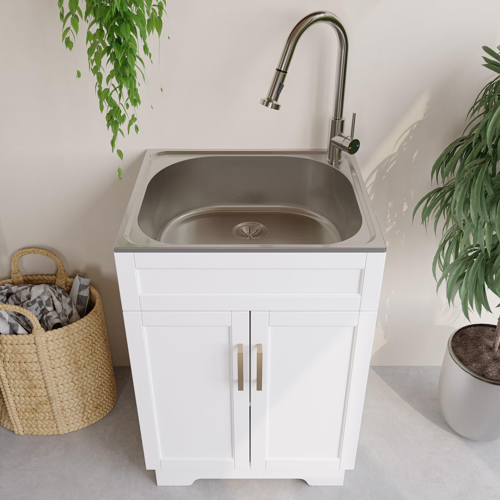 Laundry Sink Cabinet with Stainless Steel Sink and Pull-Down Faucet Utility Sink for Laundry wourant