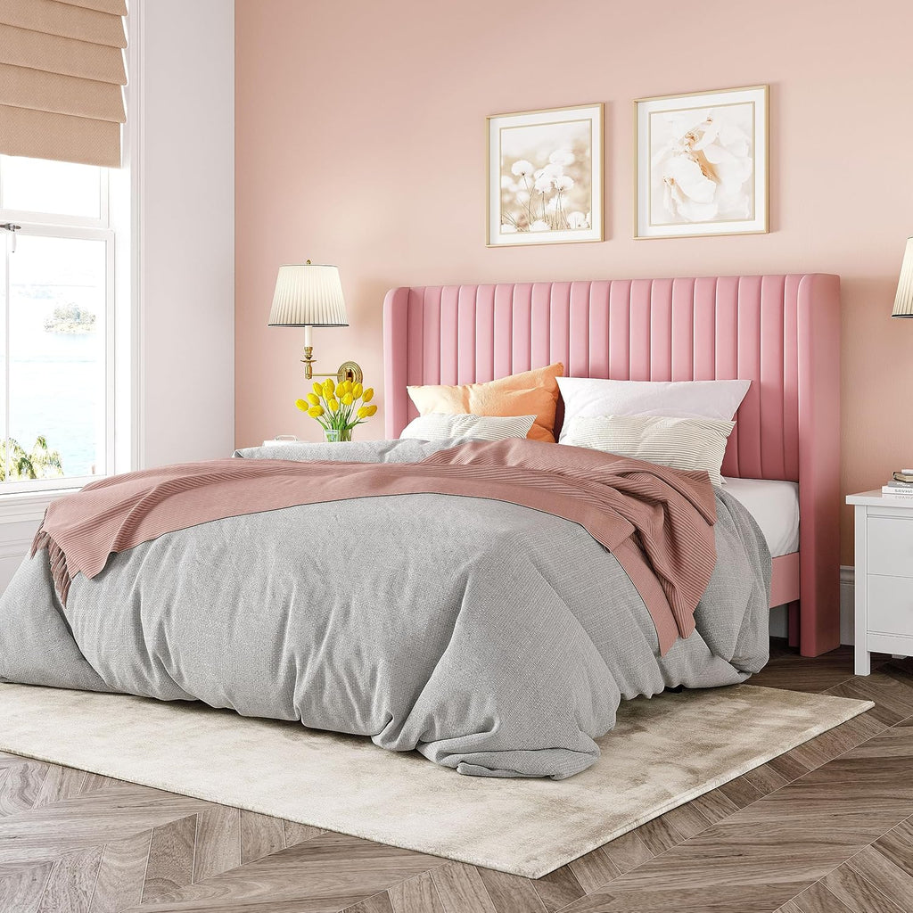 Allewie Full Size Velvet Bed Frame Vertical Channel Tufted Wingback Headboard Upholstered Bed wourant