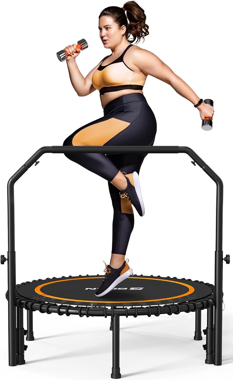 BCAN 450/550 LBS Foldable Mini Trampoline, 40"/48" Fitness Trampoline with Bungees, U Shape Adjustable Foam Handle, Stable & Quiet Exercise Rebounder for Adults Indoor/Outdoor Workout wourant