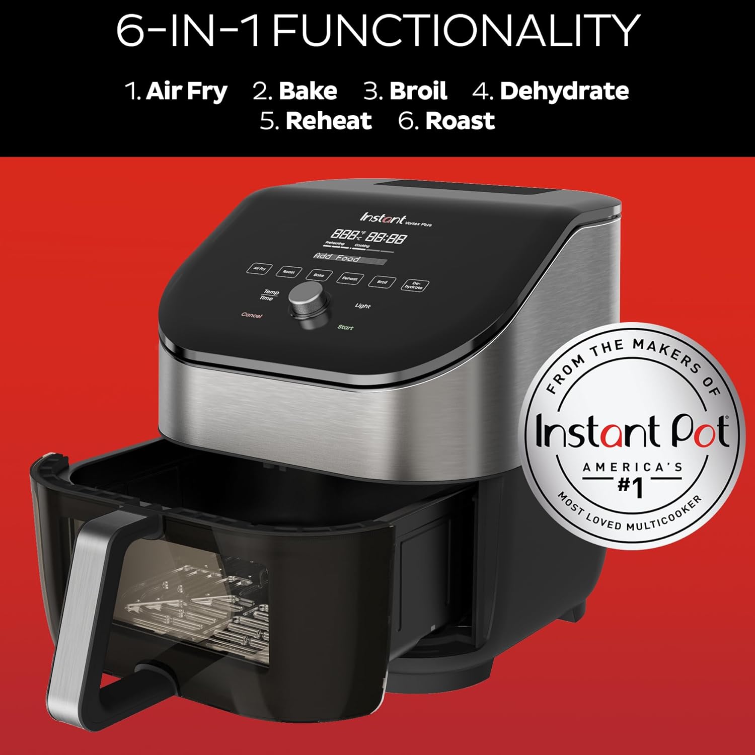 Instant Pot Vortex Plus 6QT Air Fryer with Odor Erase Technology,6-in-1 Functions that Crisps,Roasts, Broils,Dehydrates, Bakes & Reheats, 100+In-App Recipes, from the Makers of Instant Pot,1700W,Black wourant
