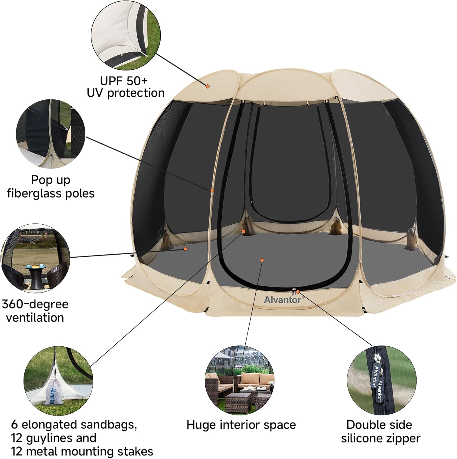 Alvantor Screen House Gazebo, 6-10-15 Person Pop Up Igloo Screened Canopy Tent with Mosquito Netting Sides, Instant UV Resistant Sun Shelter for Garden, Patio, Backyard wourant