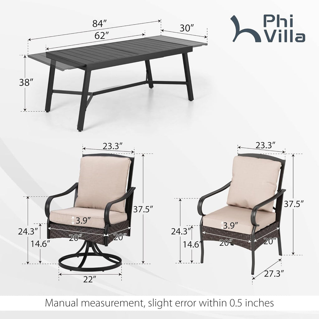 PHI VILLA 6-Piece Outdoor Dining Sets, All-Weather Patio Table and Chairs Set with Umbrella for 4, Heavy Duty Patio Round Table Set for Deck, 4 Extra Large Outdoor Swivel Chairs with Thick Cushions wourant