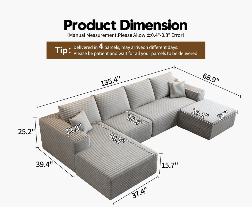 107.5 inch Cloud Modular Sectional Sofa with L-Shaped Chaise Lounge, Modern Minimalist Upholstered Sofa Deep Seating Corner Sofa wourant