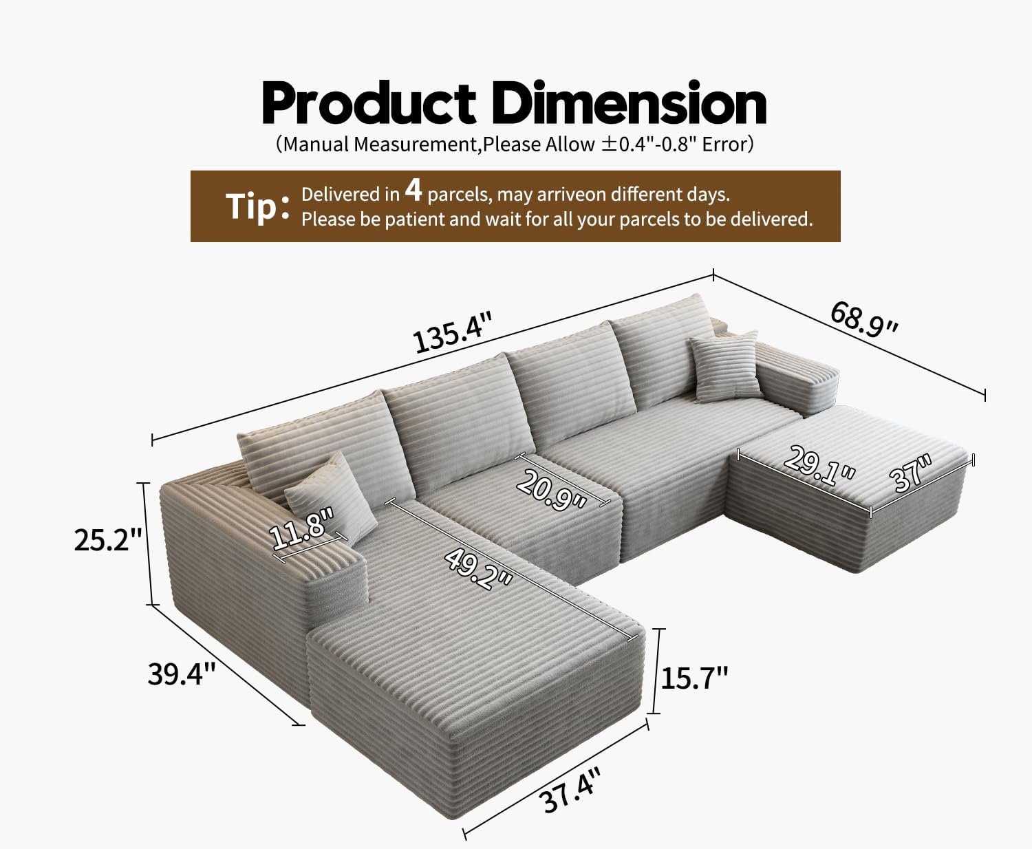 107.5 inch Cloud Modular Sectional Sofa with L-Shaped Chaise Lounge, Modern Minimalist Upholstered Sofa Deep Seating Corner Sofa wourant