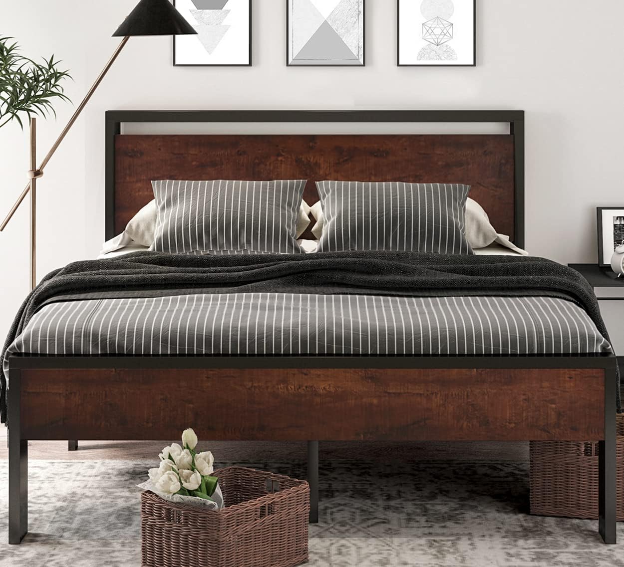 SHA CERLIN 14 Inch Full Size Metal Platform Bed Frame with Wooden Headboard and Footboard wourant