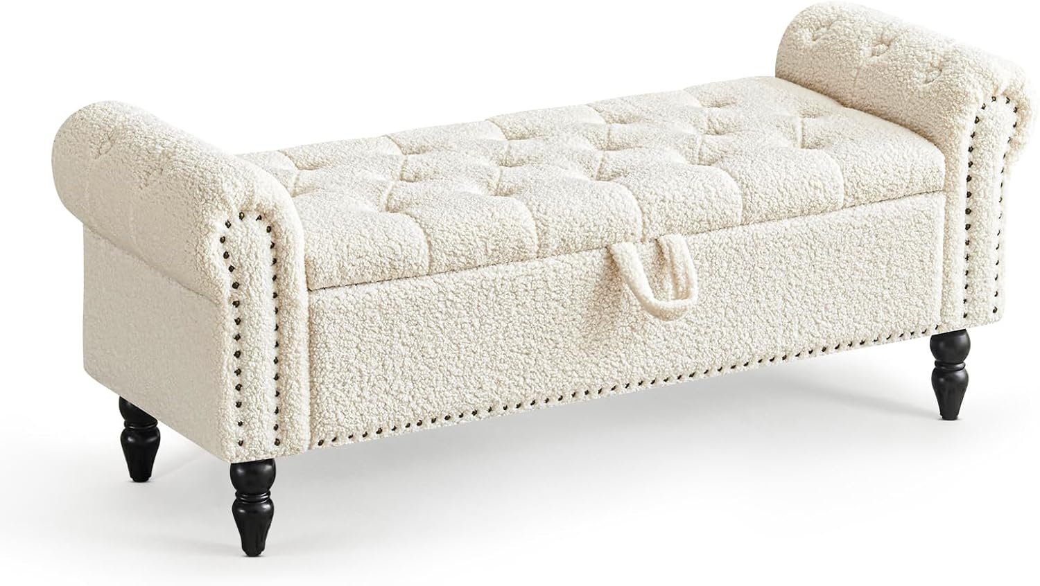 Furniliving Modern Storage Ottoman Bench, Sherpa Ottoman End of Bed Bench with Solid Wood Legs Upholstered Ottoman Benches with Storage Indoor Bench wourant