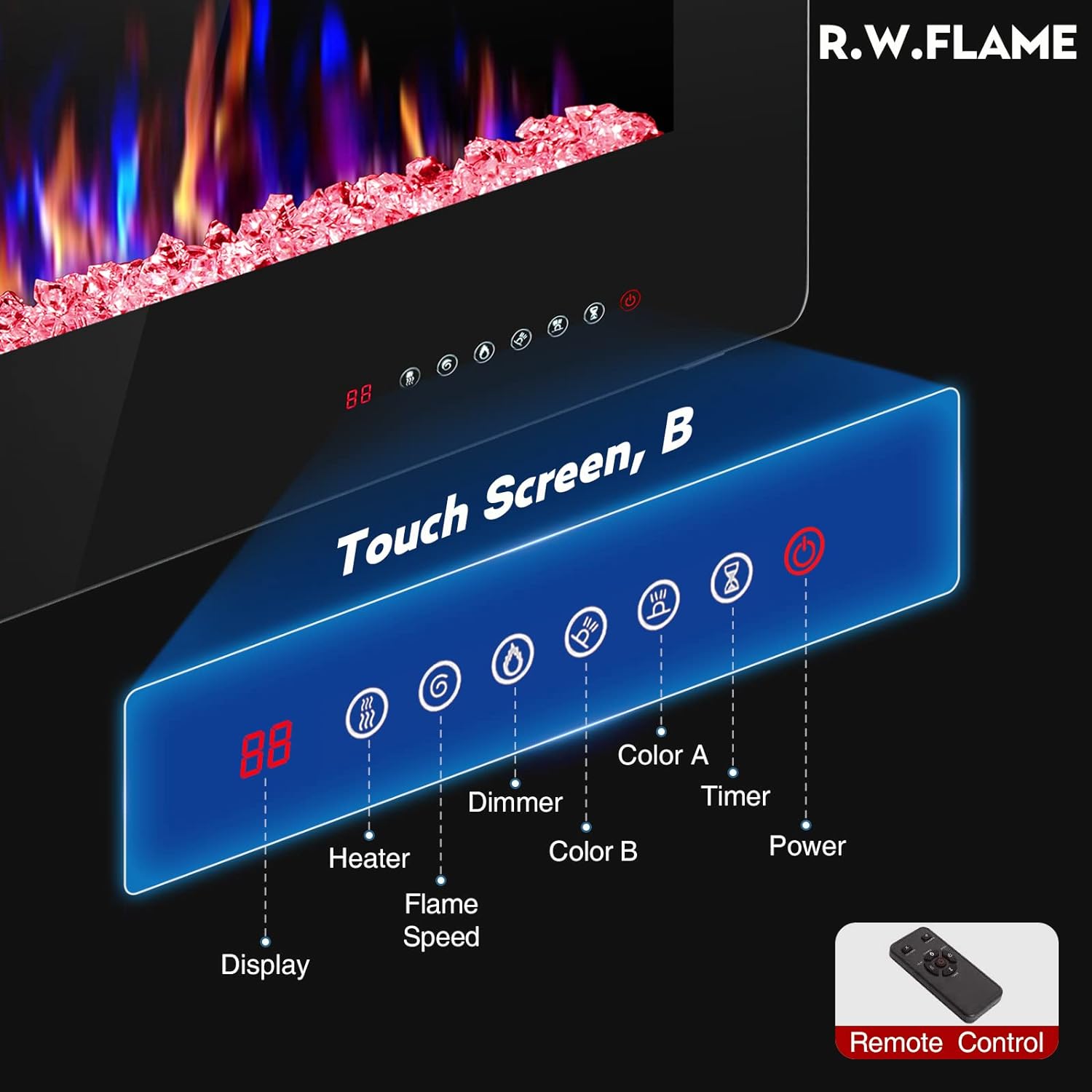 R.W.FLAME 60" Recessed and Wall Mounted Electric Fireplace, Low Noise, Fit for 2 x 6 Stud, Remote Control with Timer, Touch Screen, Adjustable Flame Color and Speed, 750-1500W wourant