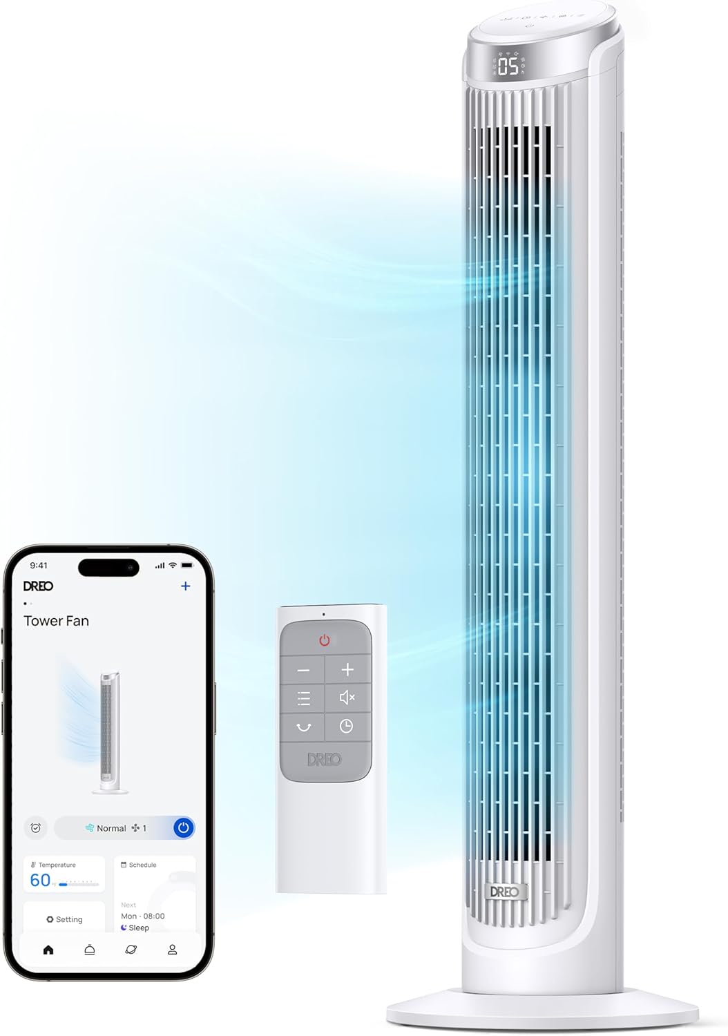 DREO Smart Tower Fan for Bedroom, 90° Oscillating 40" Standing Fan, 26ft/s High-Speed 5 Speeds 4 Modes, Quiet Room Floor Fans, Touch/Remote/APP & Voice Control, Work with Alexa, 12H Timer, Silver woonhhop