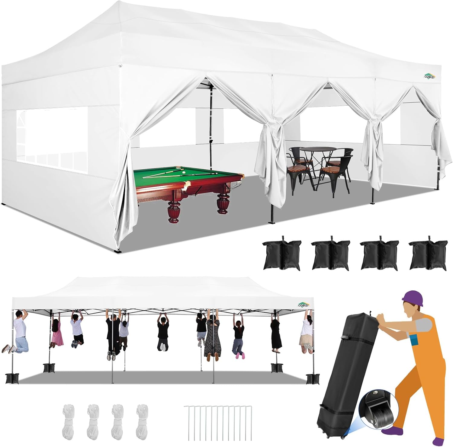COBIZI 10x20 Heavy Duty Pop up Canopy Tent with 6 sidewalls Easy Up Commercial Outdoor Canopy Wedding Party Tents for Parties All Season Wind & Waterproof Gazebo with Roller Bag,Black(Frame Thickened) wourant