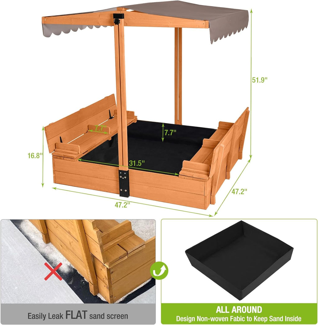Kids Wooden Outdoor Sandbox w/Canopy, 2 Foldable Bench Seats, Retractable Roof Sand Protection Liner 47x47-Inch wourant