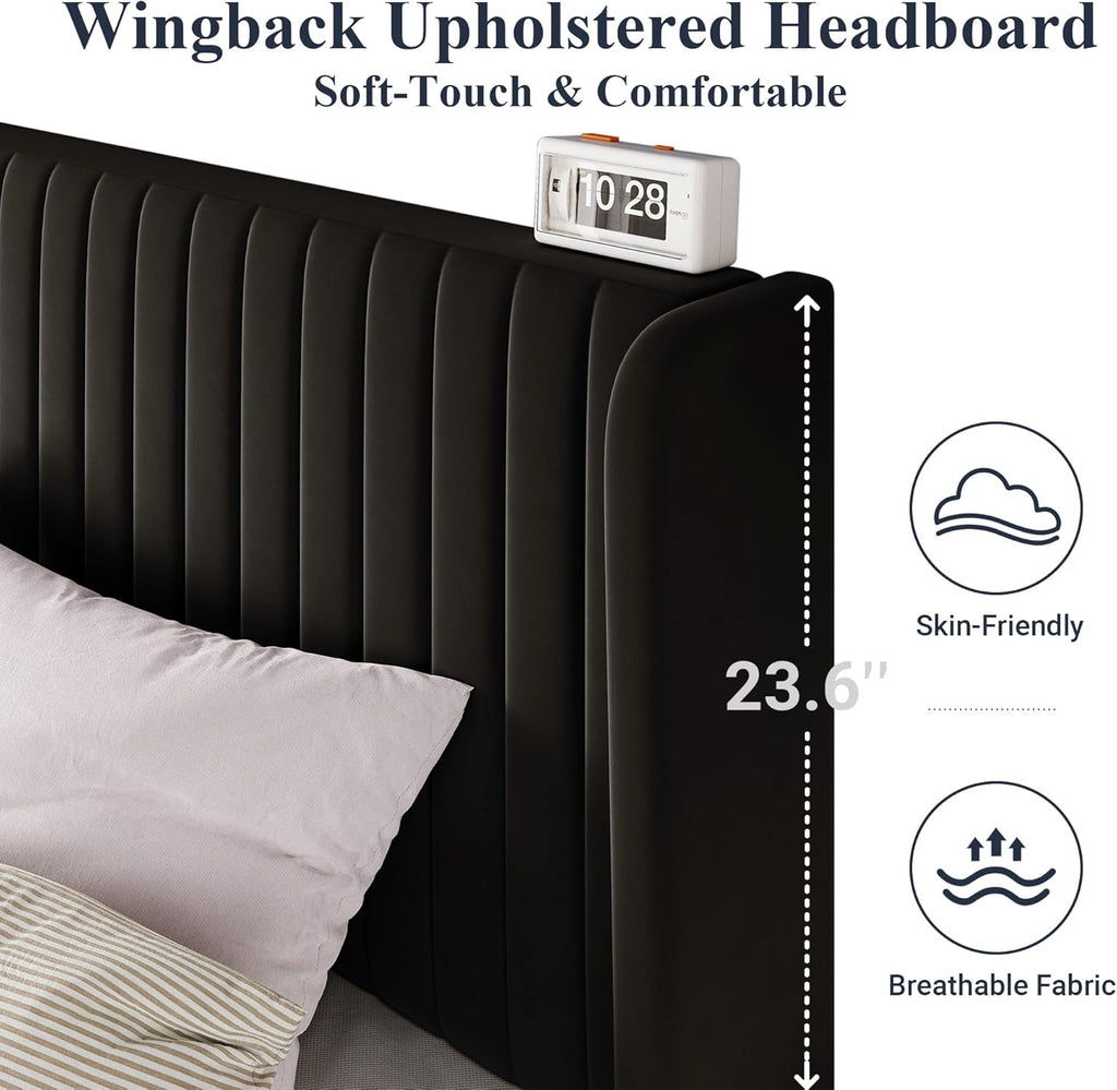Allewie Full Size Velvet Bed Frame Vertical Channel Tufted Wingback Headboard Upholstered Bed wourant