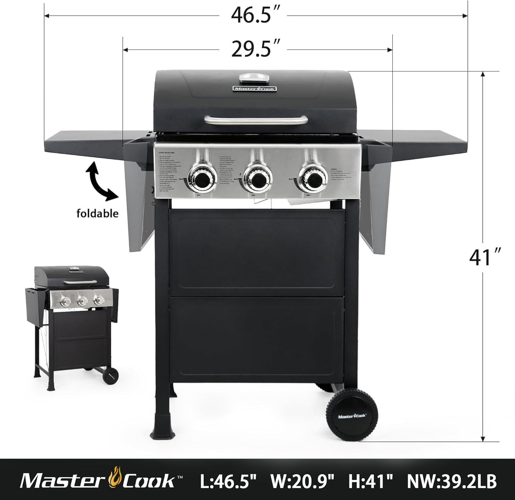 3 Burner BBQ Propane Gas Grill, Stainless Steel 30,000 BTU Patio Garden Barbecue Grill with Two Foldable Shelves wourant
