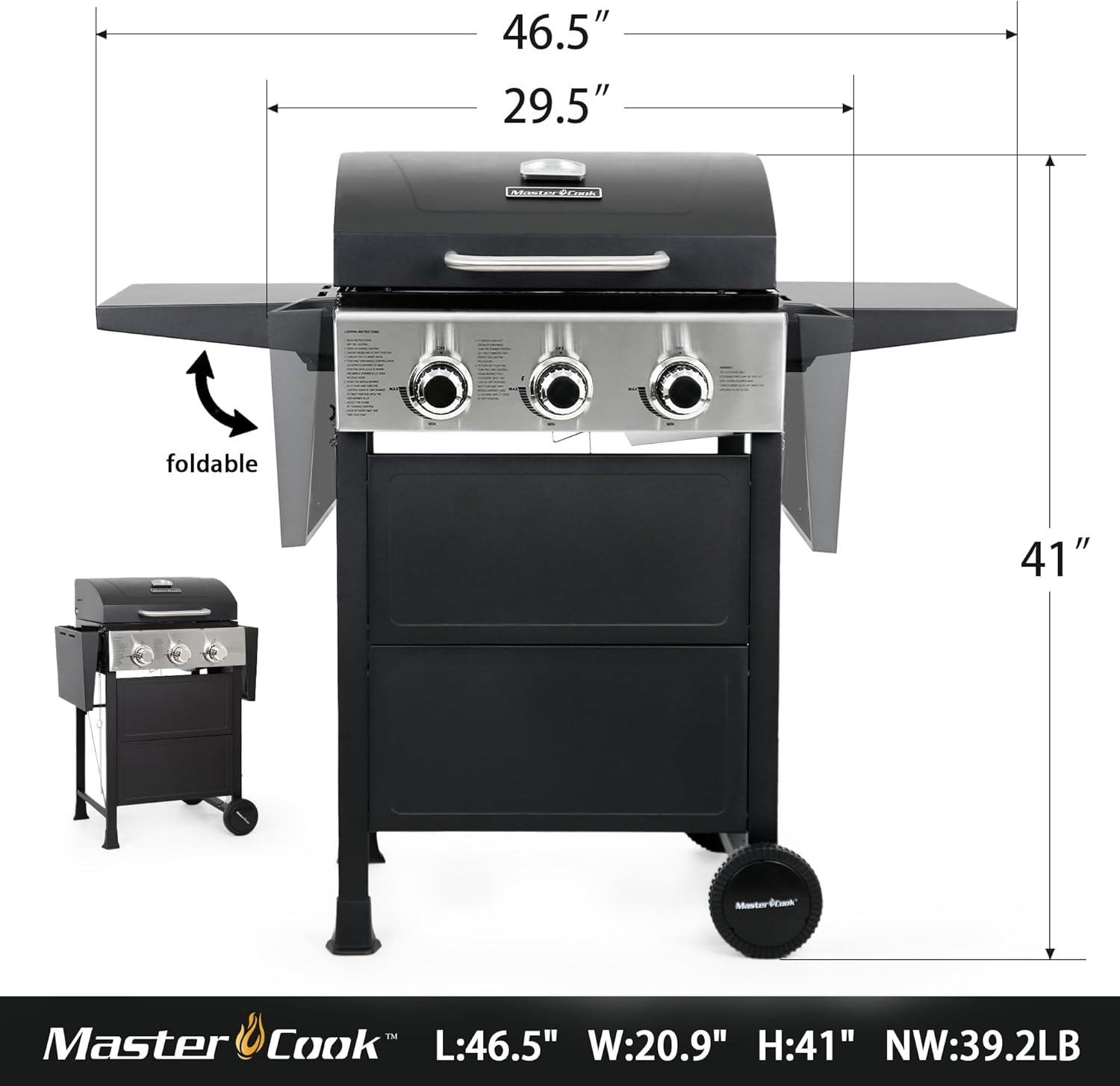 3 Burner BBQ Propane Gas Grill, Stainless Steel 30,000 BTU Patio Garden Barbecue Grill with Two Foldable Shelves wourant