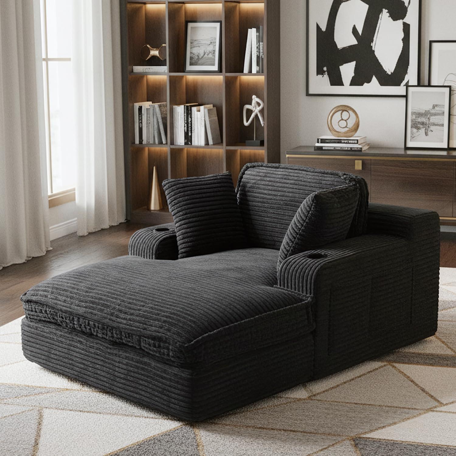 67" Oversized Chaise Lounge Chair Indoor Soft Boneless Cloud Couch with 3 Pillows 4 Side Pockets wourant