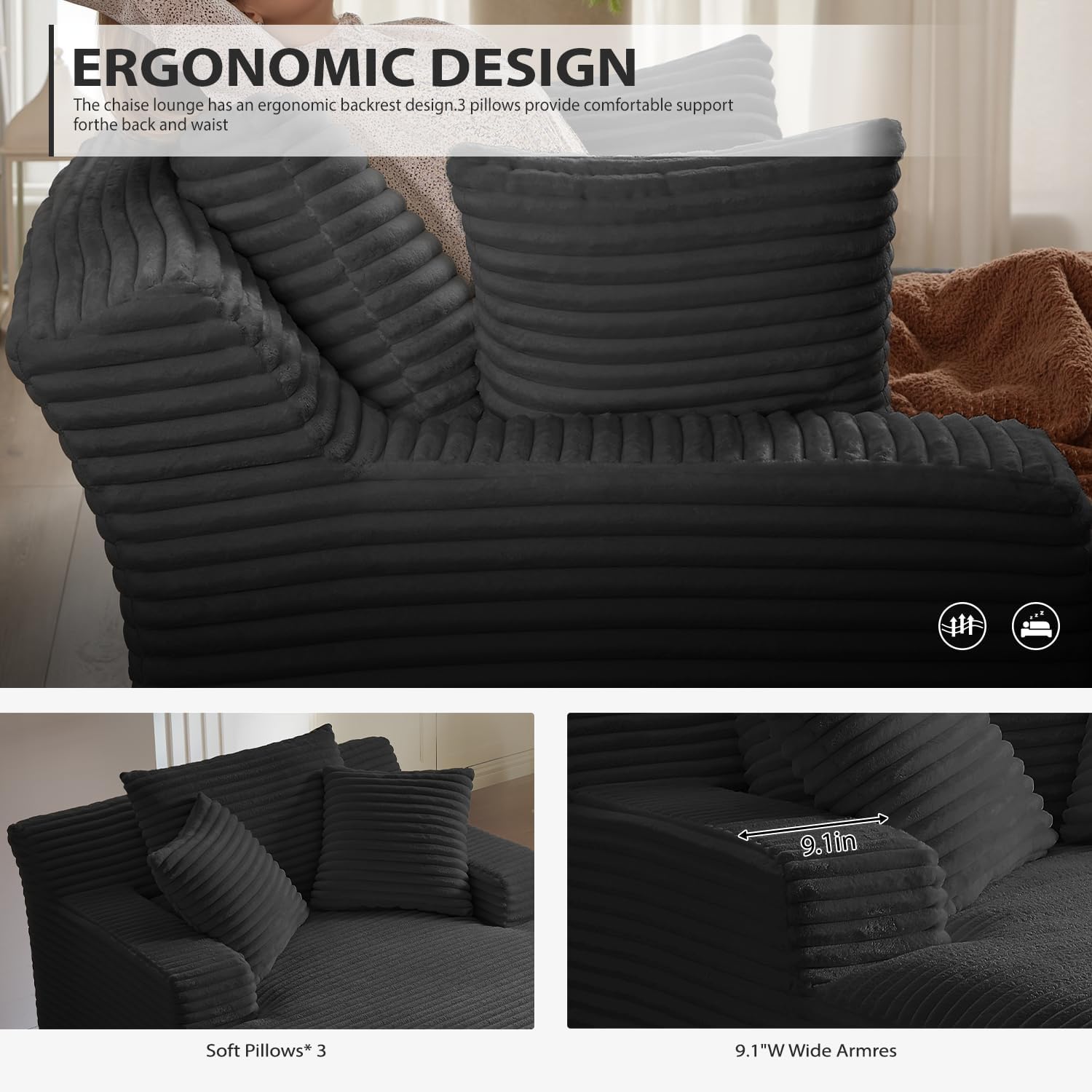 50 Inch Chaise Lounge Chair Indoor, Oversized Corduroy Upholstered Boneless Sofa Bed, Deep Seat Sleeper Couch Reading Chairs, Cloud Sofas Couches for Living Room, No Assembly Required (Dark Grey) wourant