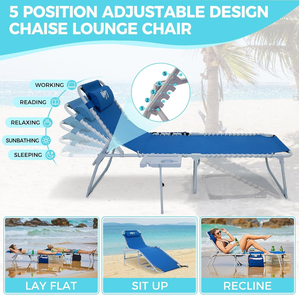 2 Pack Outdoor Chaise Lounge Chair - Portable Folding Patio Pool Lounge Chair, 5 Positions Adjustable Reclining Camping Chair with Side Table,Shoulder Strap, Pillow for Beach Sunbathing Lawn wourant