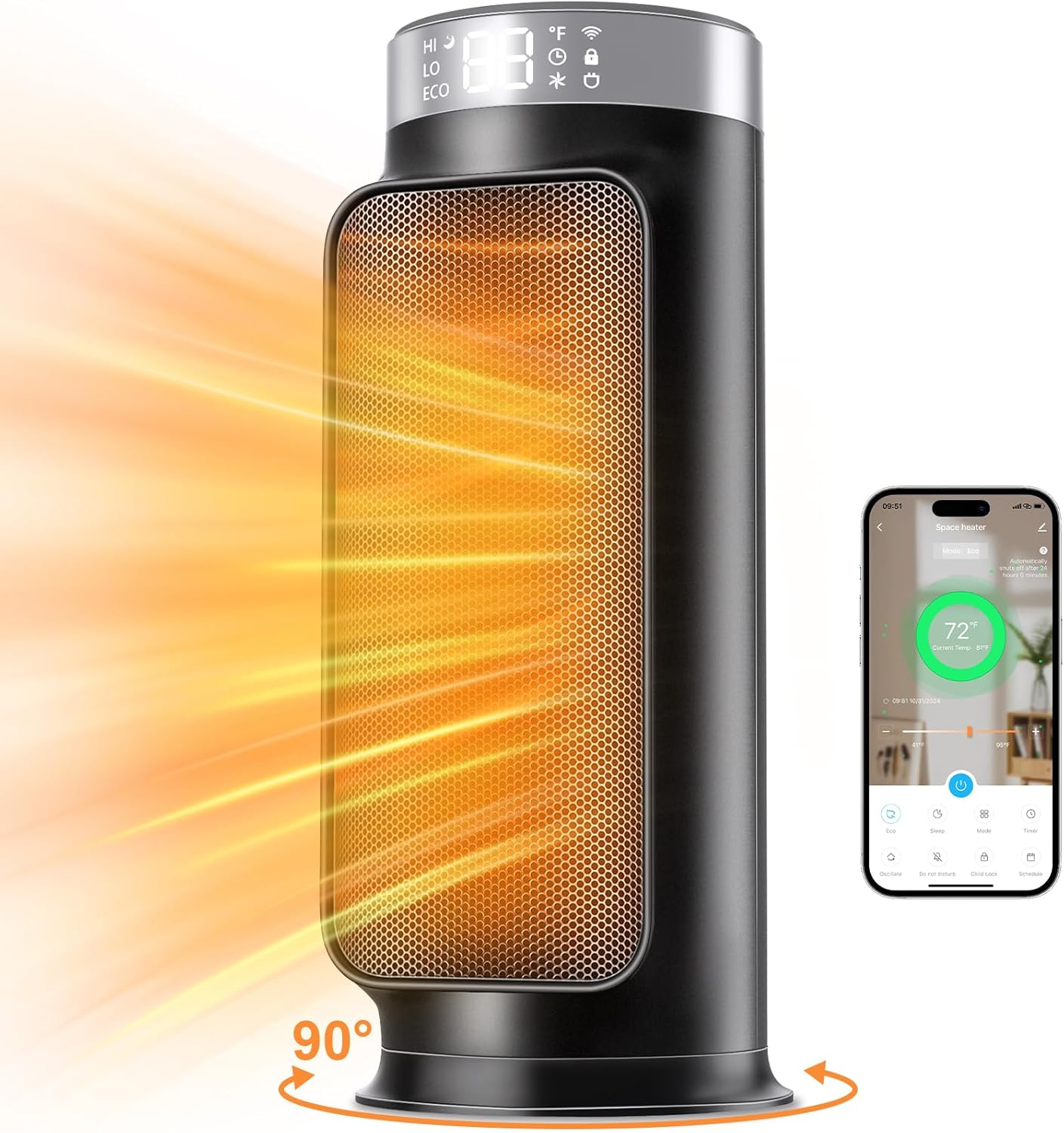1500W Space Heaters for Indoor Use, Smart PTC Electric Heater with Wifi/App & Remote Control, 24H Timer, 90° Oscillation, Overheat and Tip-Over Protection, 5 Modes for Home Office Bedroom Bathroom wourant