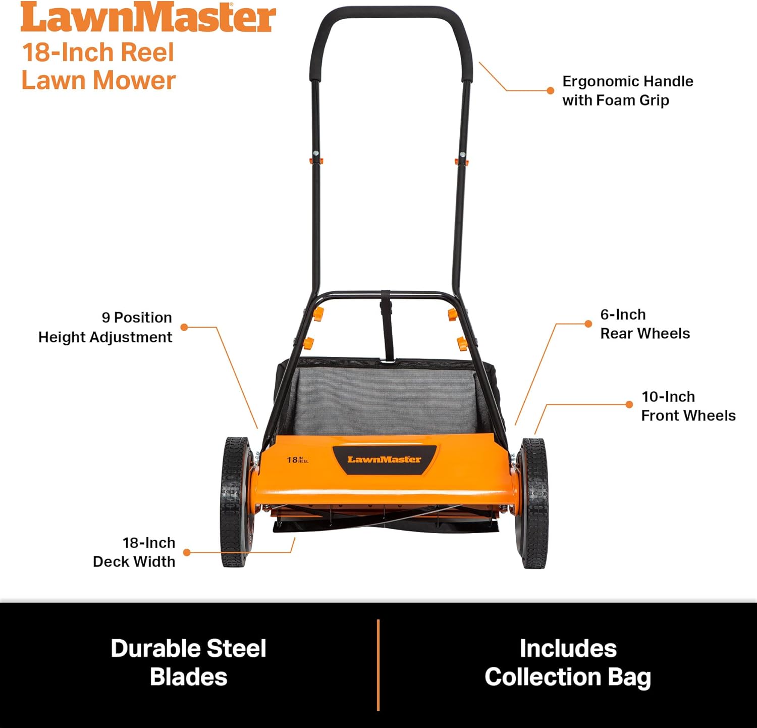 LawnMaster LMRM1801 Push Reel Lawn Mower 18-Inch 5-Blade wourant