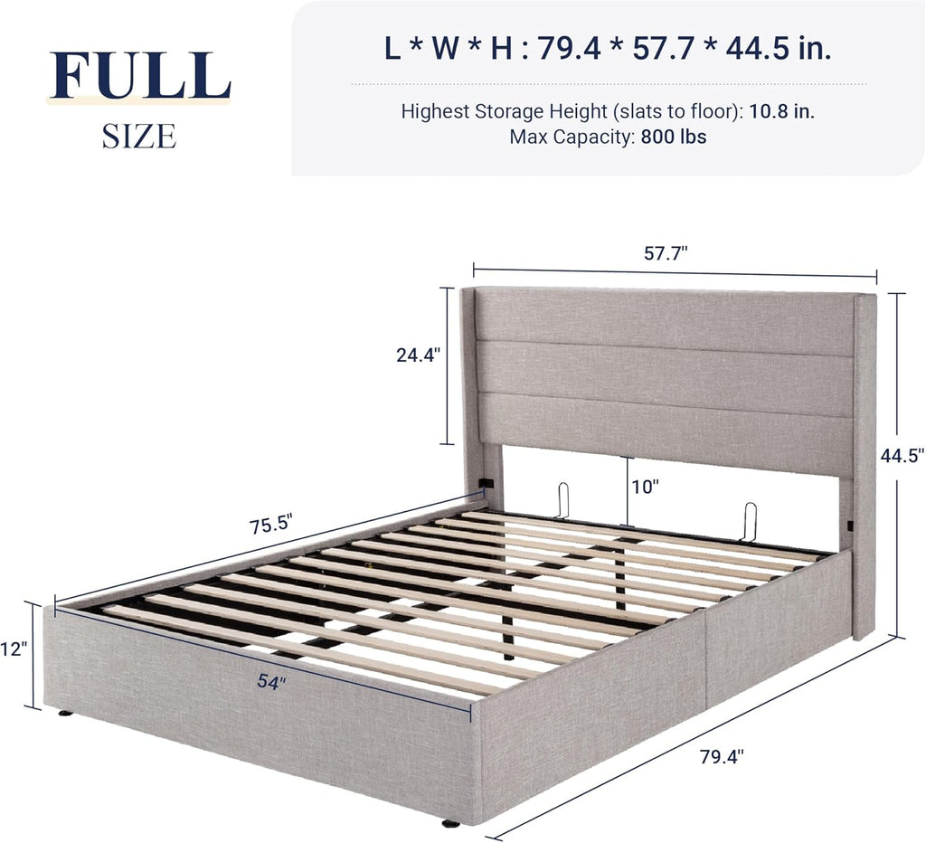Allewie Queen Size Lift Up Storage Bed Modern Wingback Headboard Hydraulic Support wourant