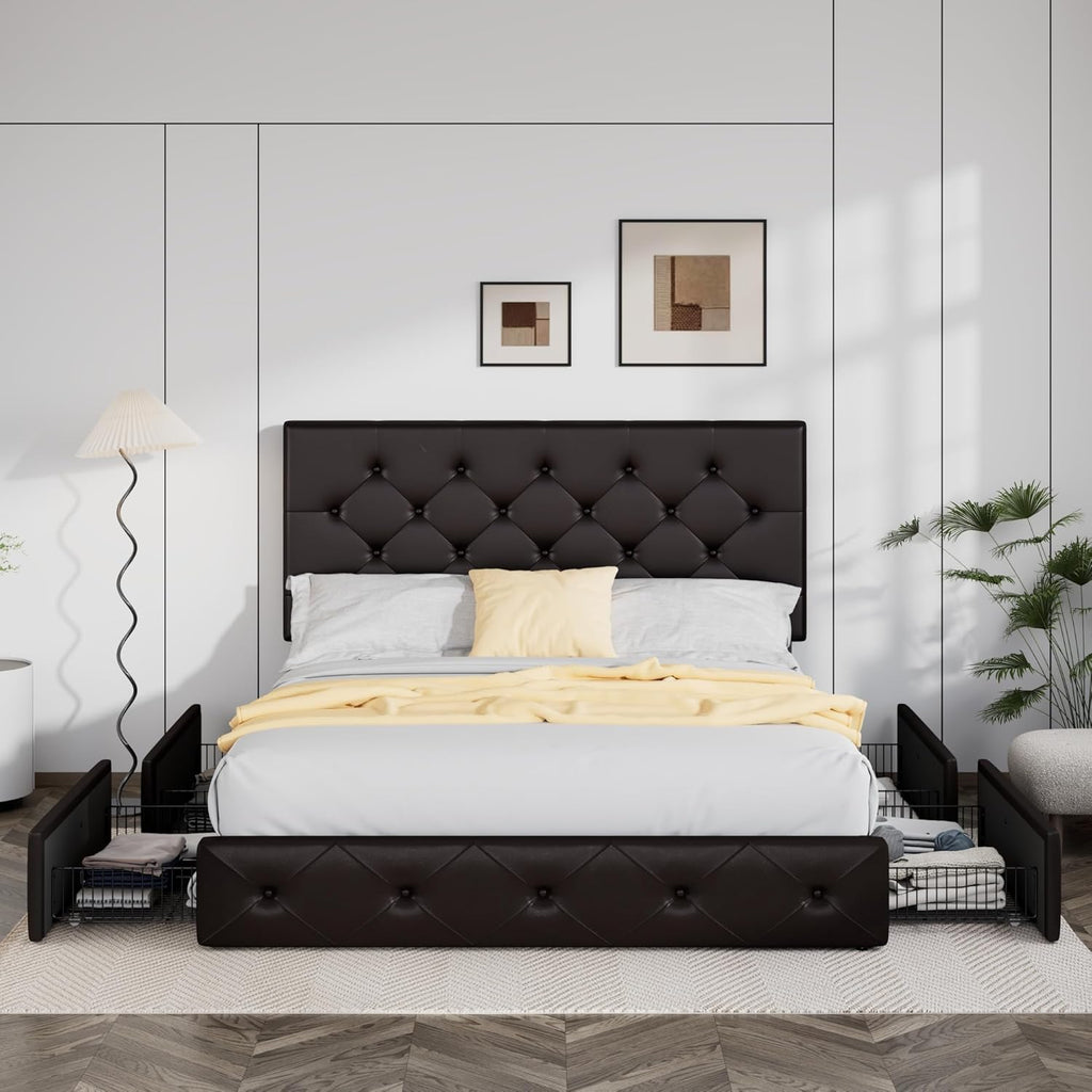 Allewie Upholstered Queen Size Platform Bed Frame with 4 Storage Drawers and Headboard wourant