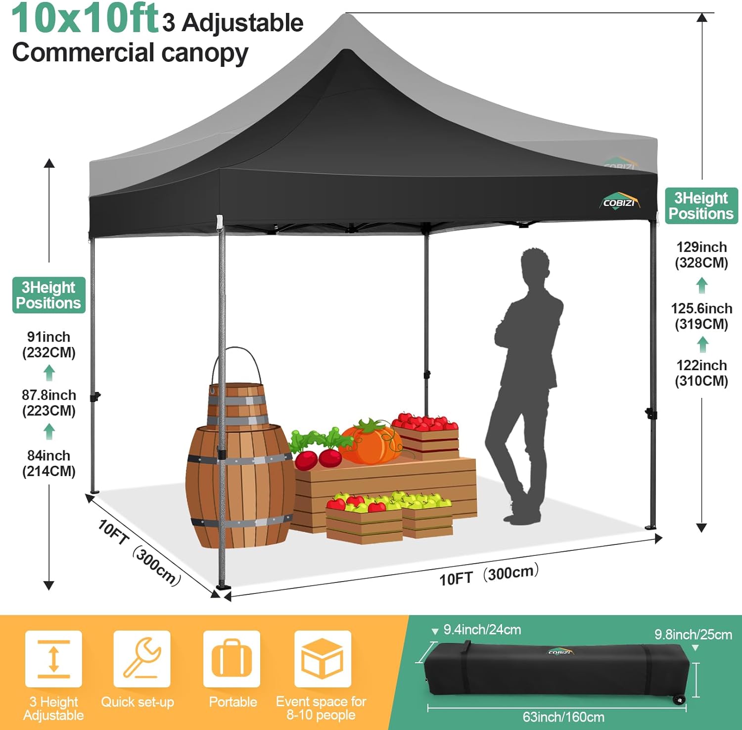COBIZI 10x20 Heavy Duty Pop up Canopy Tent with 6 sidewalls Easy Up Commercial Outdoor Canopy Wedding Party Tents for Parties All Season Wind & Waterproof Gazebo with Roller Bag,Black(Frame Thickened) wourant