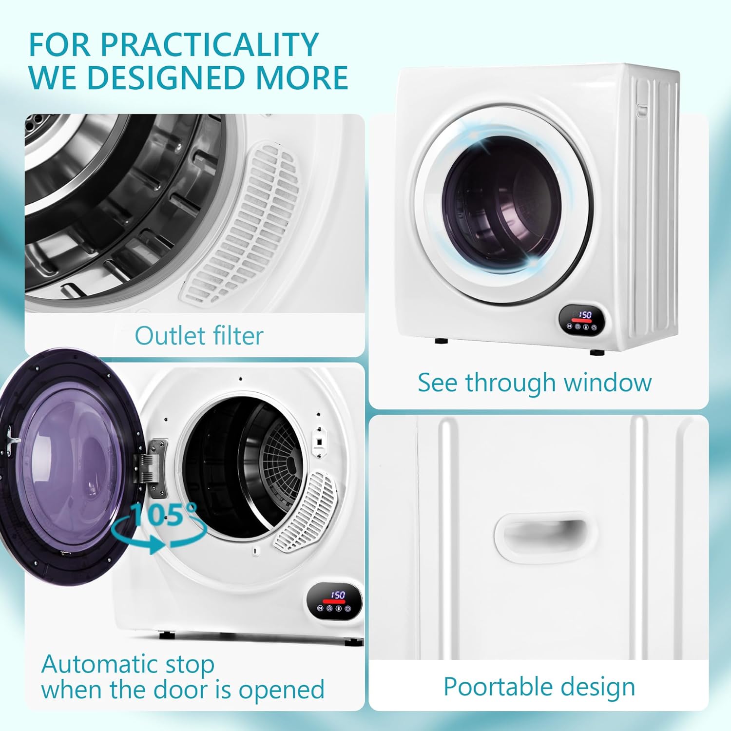 Compact Laundry Dryer, 3.5 cu ft Front Load Stainless Steel Clothes Dryers With Exhaust Pipe, 1500W, LCD Control Panel Four-Function Portable Dryer For Apartments, Home, Dorm, White wourant