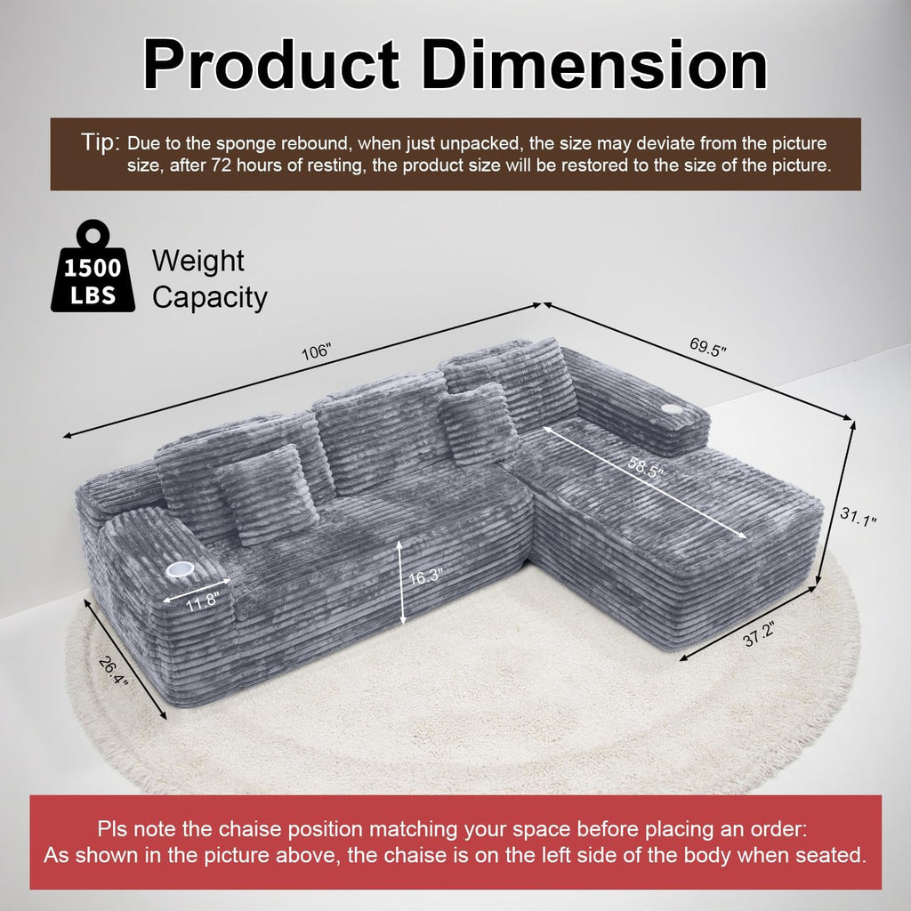 Cloud Sectional Couch with L-Shape Chaise, Modern Modular Sofa with Deep Seat, Built-in Cup Holder & Storage Pocket for Living Room Bedroom, No Assembly Required (Dark Gray, Left Sitting Chaise) wourant