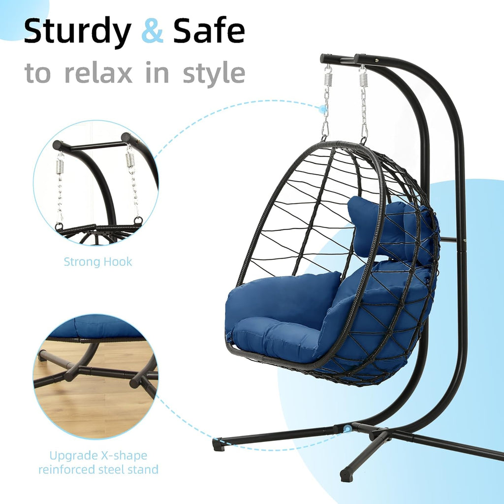Double Egg Chair Hammock Swing Chair Foldable Hanging Loveseat UV Resistant Cushions wourant