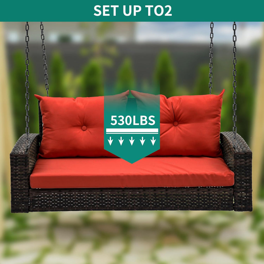 YITAHOME Hanging Porch Swing Chair Sits 3 People, Wicker Outdoor Swing Bench, Patio Lounge Chair, 1 Seating Cushion and 3 Back Cushions, w/Removable Covers, for Garden, Balcony, Backyard, Brown wourant