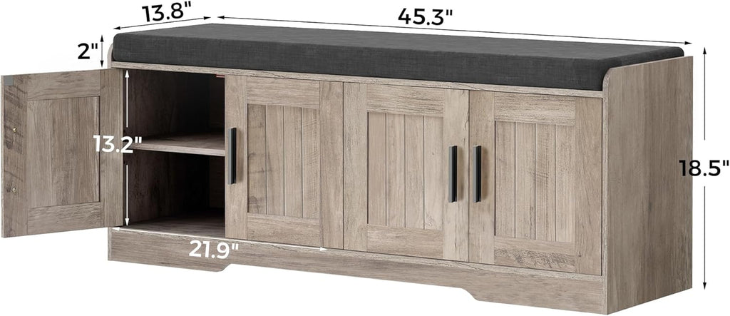 2-Tier Storage Bench, Shoe Bench with Thickened Padded Seat Cushion, Entryway Bench with 4 Doors, Adjustable Shelf wourant