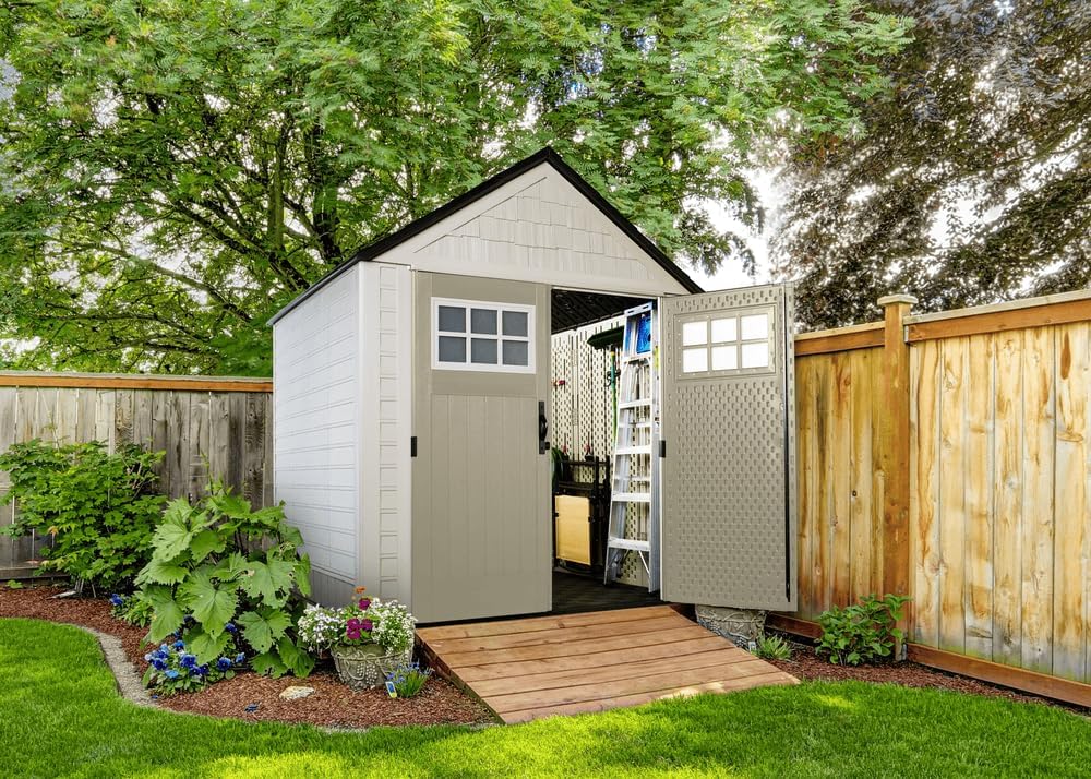 Rubbermaid Resin Outdoor Storage Shed With Floor (7 x 7 Ft) Weather Resistant Gray Organization for Home/Backyard/Garden Tools/Lawn Mower/Bike Storage/Pool Supplies wourant