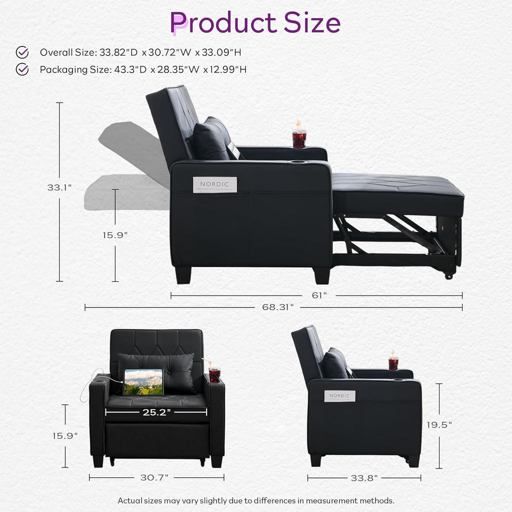 Adult Convertible Sleeper Chair Bed, 3-in-1 Pull-Out Sofa Bed with USB/Type-C Ports, Cup Holders, Side Pockets, Single Sofa wourant
