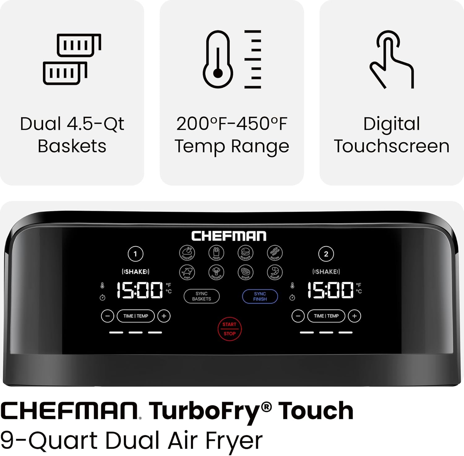Chefman 6-Quart Dual Basket Air Fryer - Digital Touchscreen, Smart Sync Finish, High-Frying, Auto-Off, 2 Independent 3-Quart Nonstick Pans, Dishwasher-Safe Baskets wourant