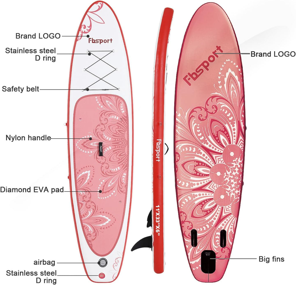 FBSPORT 11' Premium Stand Up Paddle Board, Yoga Board with Durable SUP Accessories & Carry Bag | Wide Stance, Surf Control, Non-Slip Deck, Leash, Paddle and Pump for Youth & Adult wourant