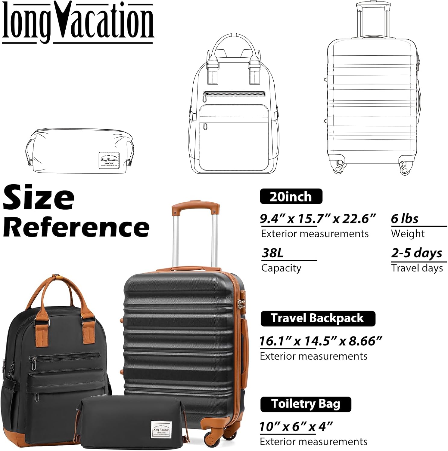 LONG VACATION 6 Piece Luggage Set Carry on Suitcase with ABS+PC hardshell, Spinner Wheels & YKK Zipper TSA Lock wourant