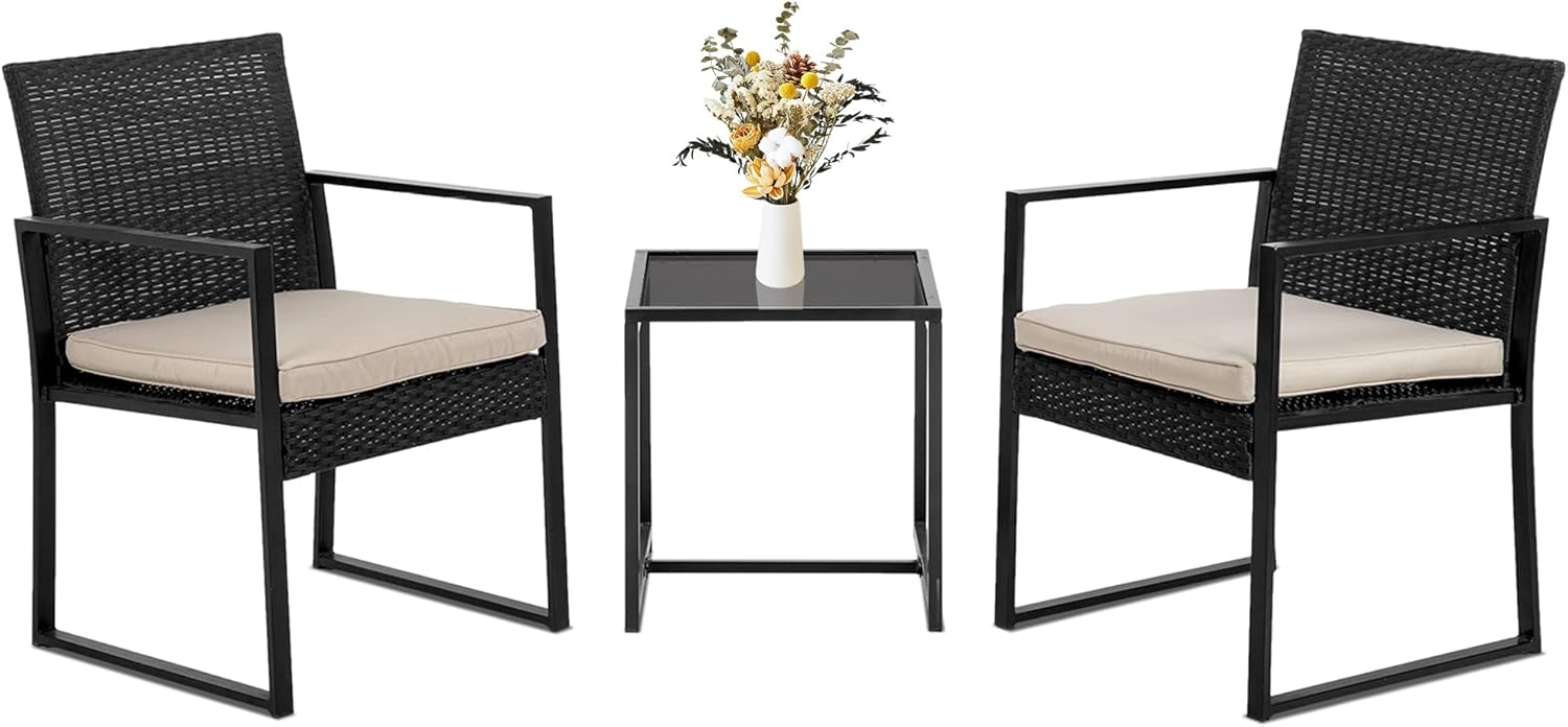 FDW | 4-Piece Patio Furniture Set | Black | Outdoor Wicker Furniture with Coffee Table | Modern Rattan Chairs Conversation Set | Outdoor Seating | Weather-Resistant | for Porch, Garden, Lawn woonhhop