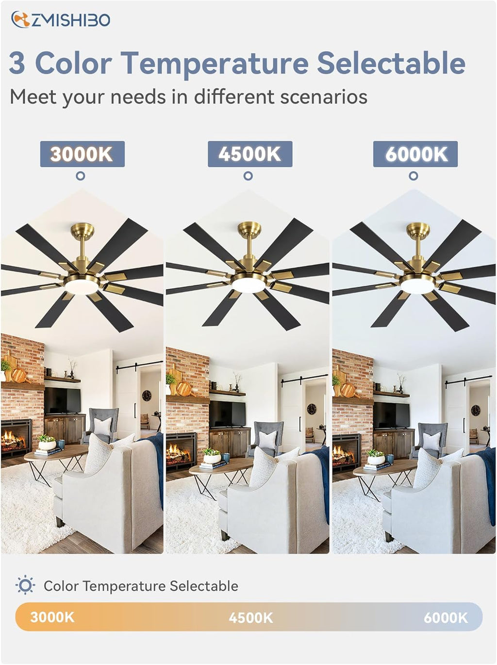 ZMISHIBO 72 inch Large Ceiling Fans with Lights and Remote, Indoor/Outdoor Black Modern Ceiling Fan for Kitchen Living Room Patio, 6 Speed Reversible Quiet DC Motor, 3 CCT, Dual Finish 8 Blades wourant