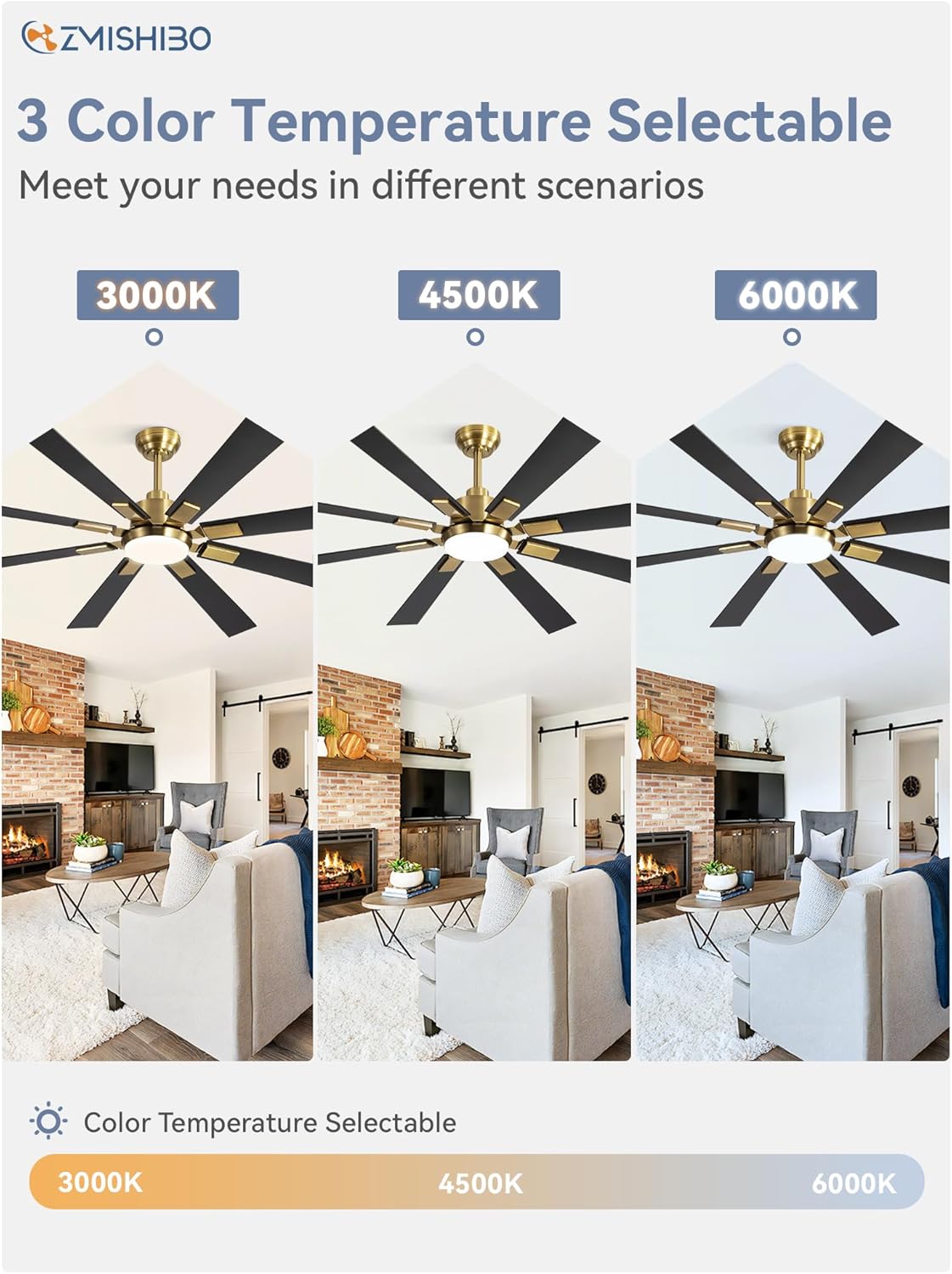ZMISHIBO 72 inch Large Ceiling Fans with Lights and Remote, Indoor/Outdoor Black Modern Ceiling Fan for Kitchen Living Room Patio, 6 Speed Reversible Quiet DC Motor, 3 CCT, Dual Finish 8 Blades wourant