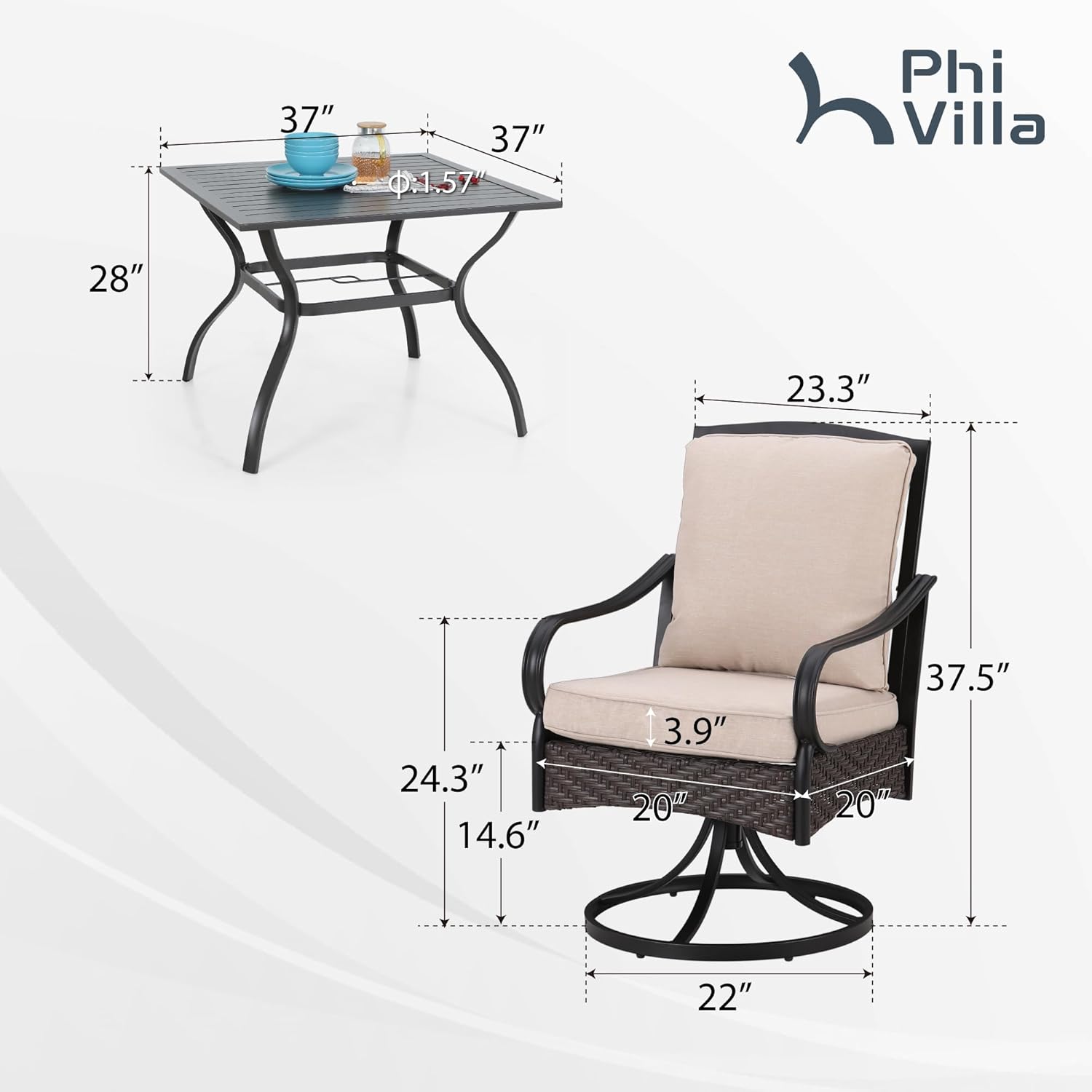 PHI VILLA 6-Piece Outdoor Dining Sets, All-Weather Patio Table and Chairs Set with Umbrella for 4, Heavy Duty Patio Round Table Set for Deck, 4 Extra Large Outdoor Swivel Chairs with Thick Cushions wourant