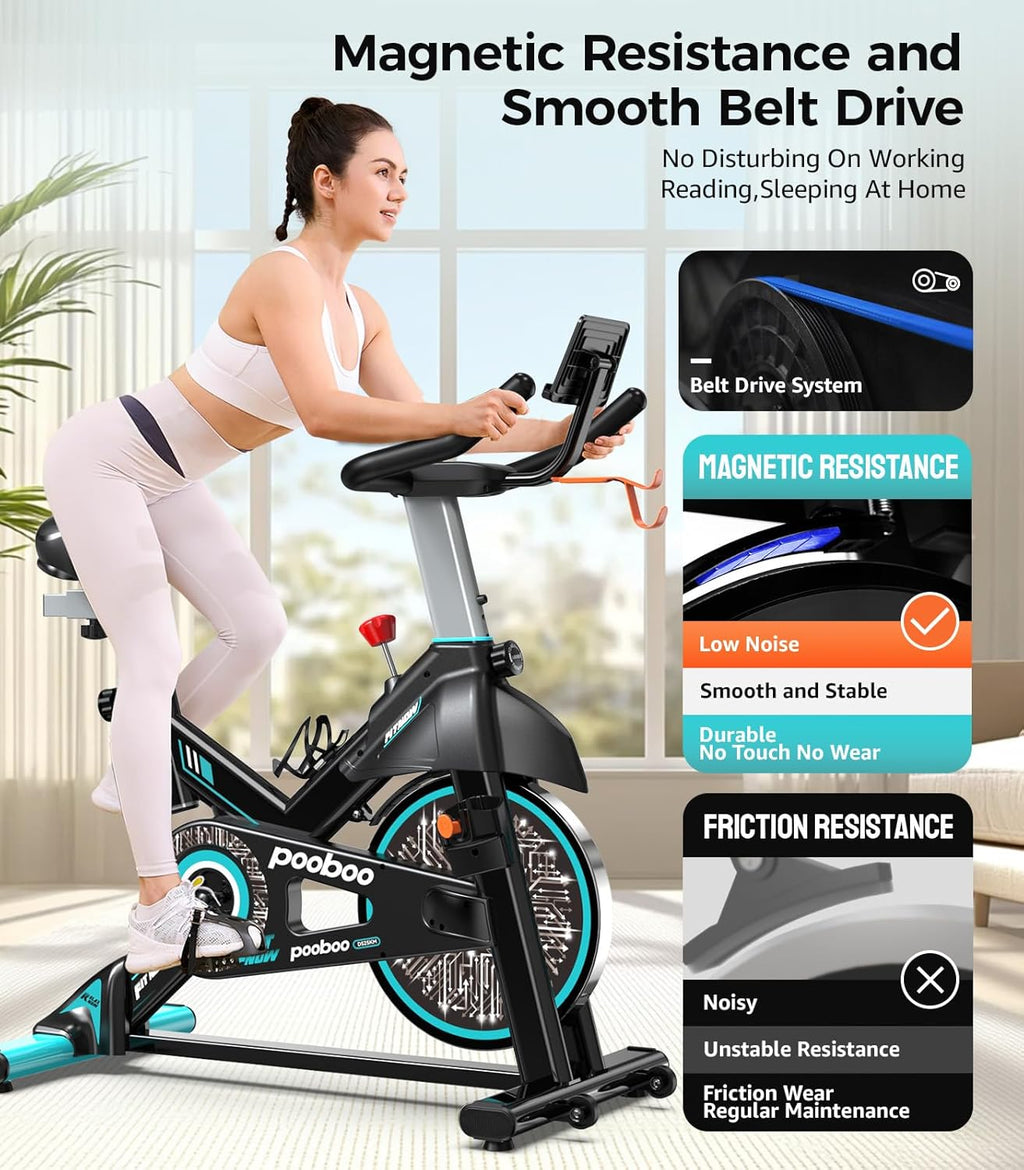 pooboo Exercise Bike, Adjustable Magnetic/Brake Pad Resistance Silent Belt Drive, Indoor Cycling Bike for Home Cardio, Fitness Stationary Bike with 350lbs/300lbs Weight Capacity &Upgraded Version Seat wourant