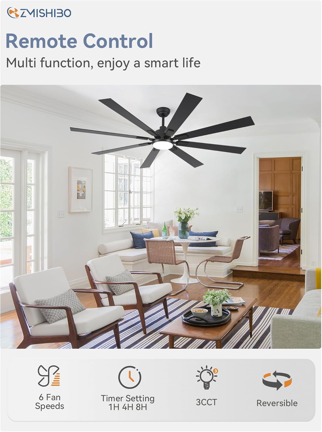 ZMISHIBO 72 inch Large Ceiling Fans with Lights and Remote, Indoor/Outdoor Black Modern Ceiling Fan for Kitchen Living Room Patio, 6 Speed Reversible Quiet DC Motor, 3 CCT, Dual Finish 8 Blades wourant