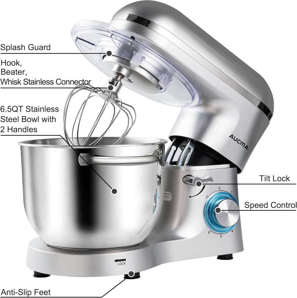 Aucma Stand Mixer,6.5-QT 660W 6-Speed Tilt-Head Food Mixer, Kitchen Electric Mixer with Dough Hook wourant