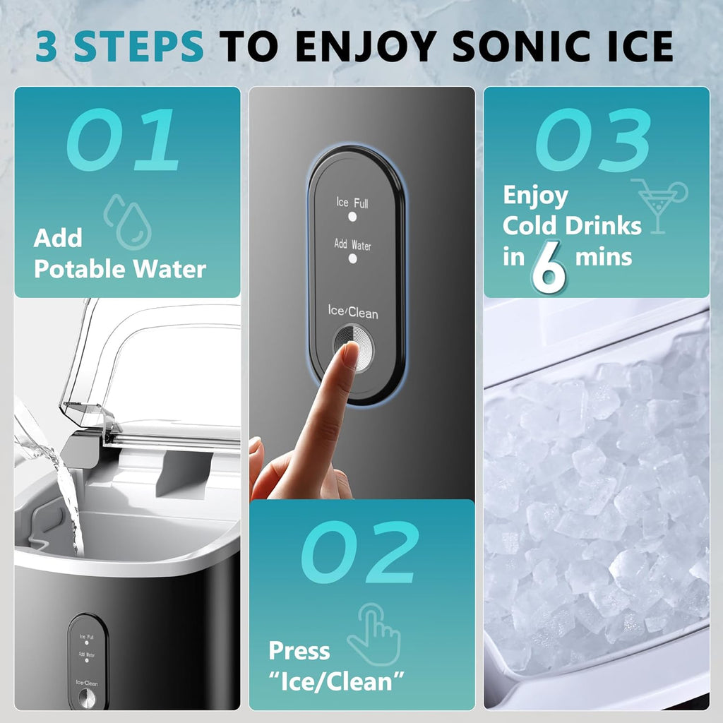 EUHOMY Nugget Ice Maker Countertop with Handle, Ready in 6 Mins, 34lbs Per Day, Removable Top Cover, Auto-Cleaning, Portable Sonic Ice Maker with Basket and Scoop, for Home/Party/RV/Camping (Black) wourant