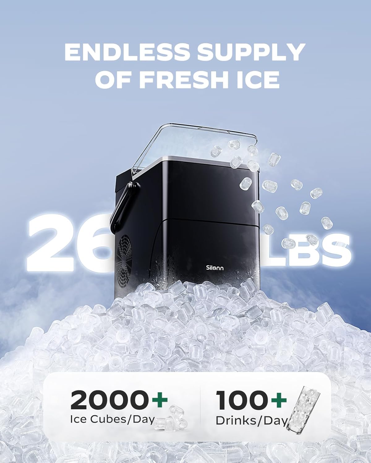 Silonn Countertop Ice Maker with Expanding Ice Basket, 9 Cubes in 6 Mins, 2.5L Ice Basket, Self-Cleaning Ice Maker with LED Touch Control, 2 Bullet Ice Sizes for Home, Kitchen, Office wourant